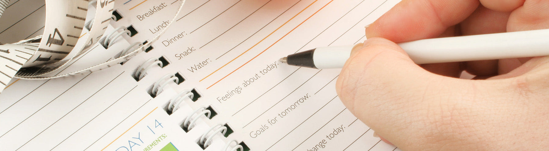 Person tracking meals, water intake, and weight loss goals in a daily planner.