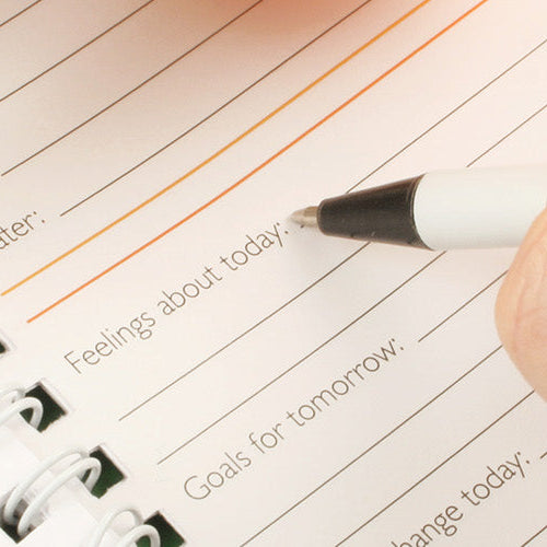Person tracking meals, water intake, and weight loss goals in a daily planner.