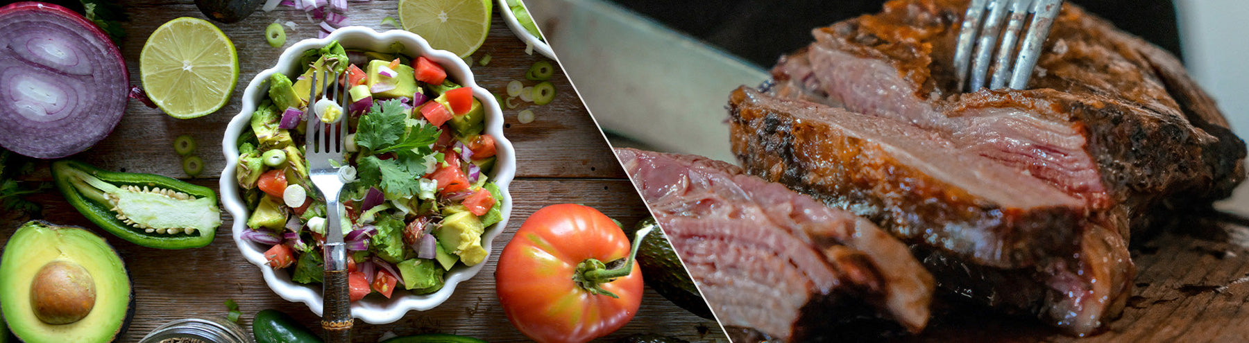 Fresh avocado salad next to a sliced grilled steak.