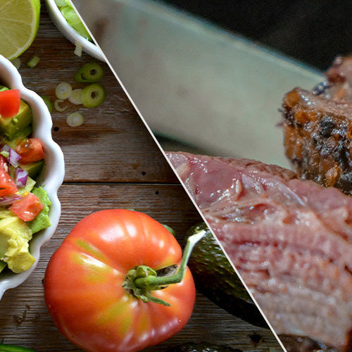 Fresh avocado salad next to a sliced grilled steak.