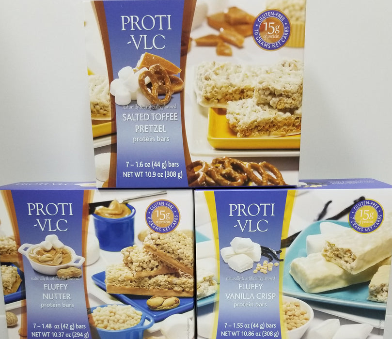 Proti Fit VLC Bar High Protein Diet Bar Bundle (21 Servings) Fluffy Vanilla. Fluffy Nutter, Salted Toffee